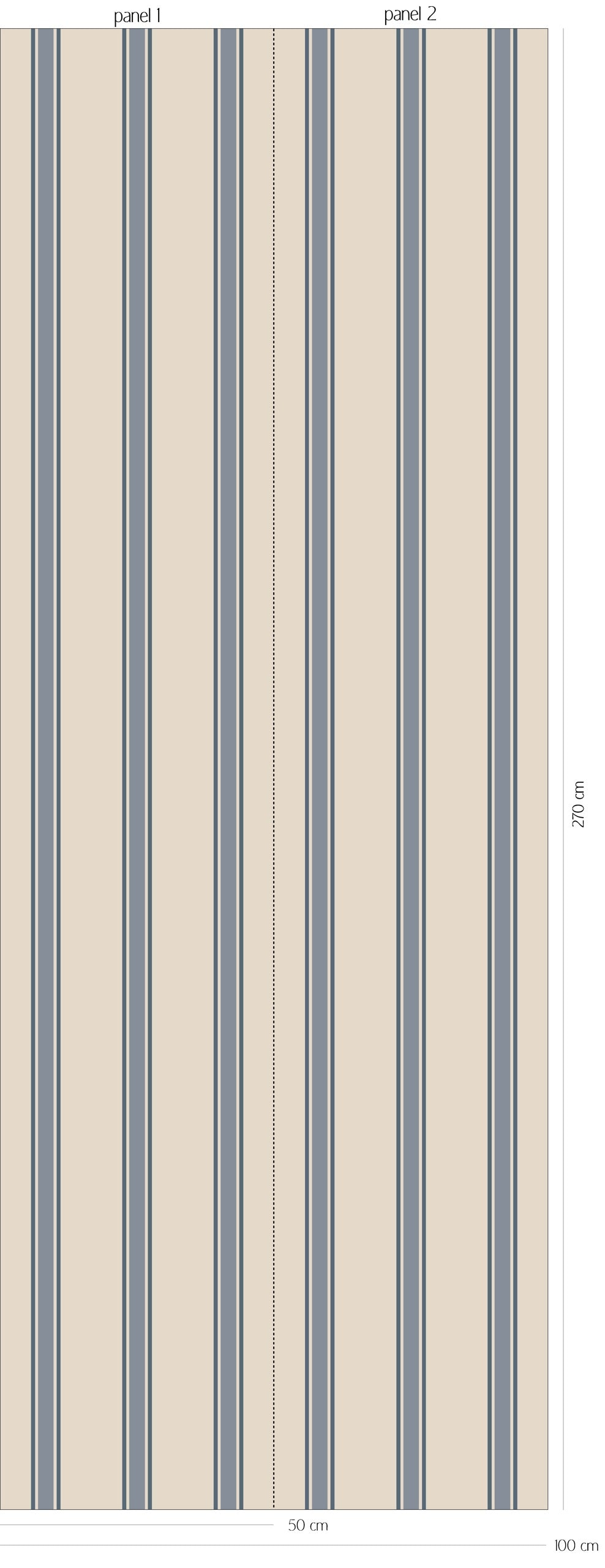 Patroonoverzicht van Vintage Stripes - dusty denim behang met verticale strepen in verschillende breedtes in licht beige en vergrijsde denimblauwe tinten