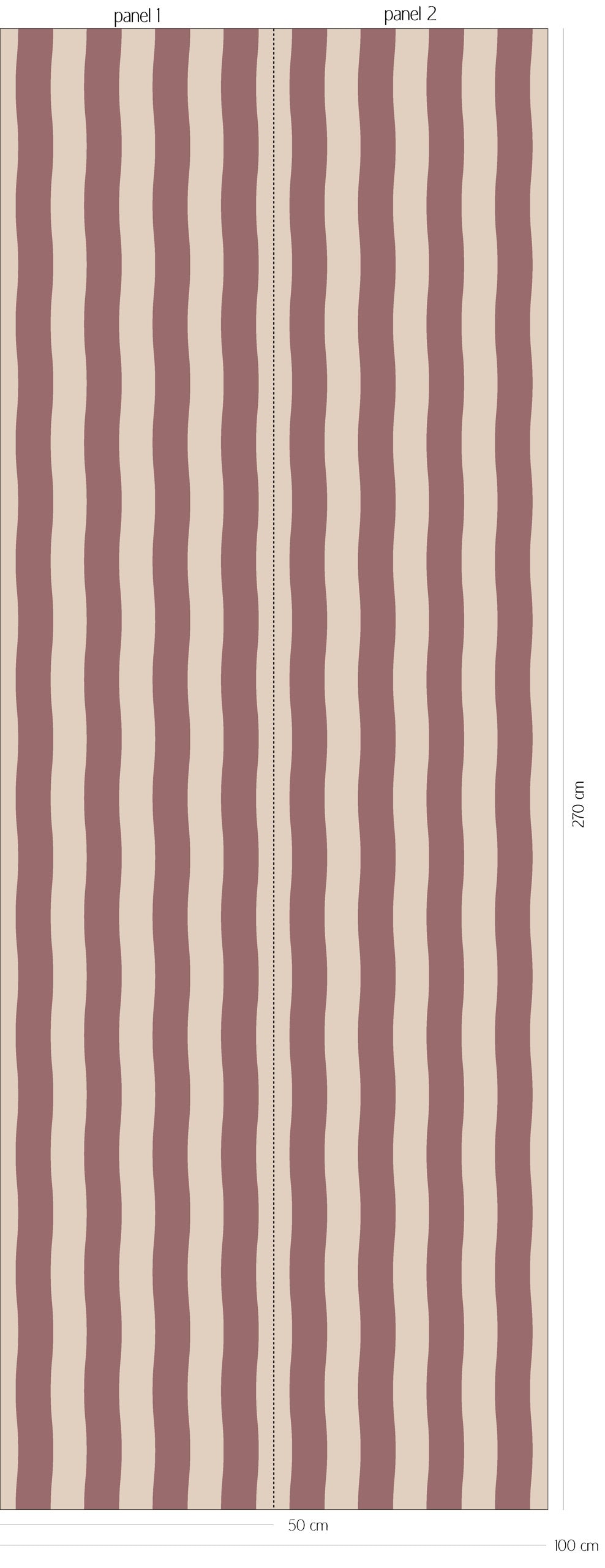 Patroonoverzicht van Wavy Stripes - plum behang met brede, organisch golvende strepen in zacht pruimroze en lichtbeige