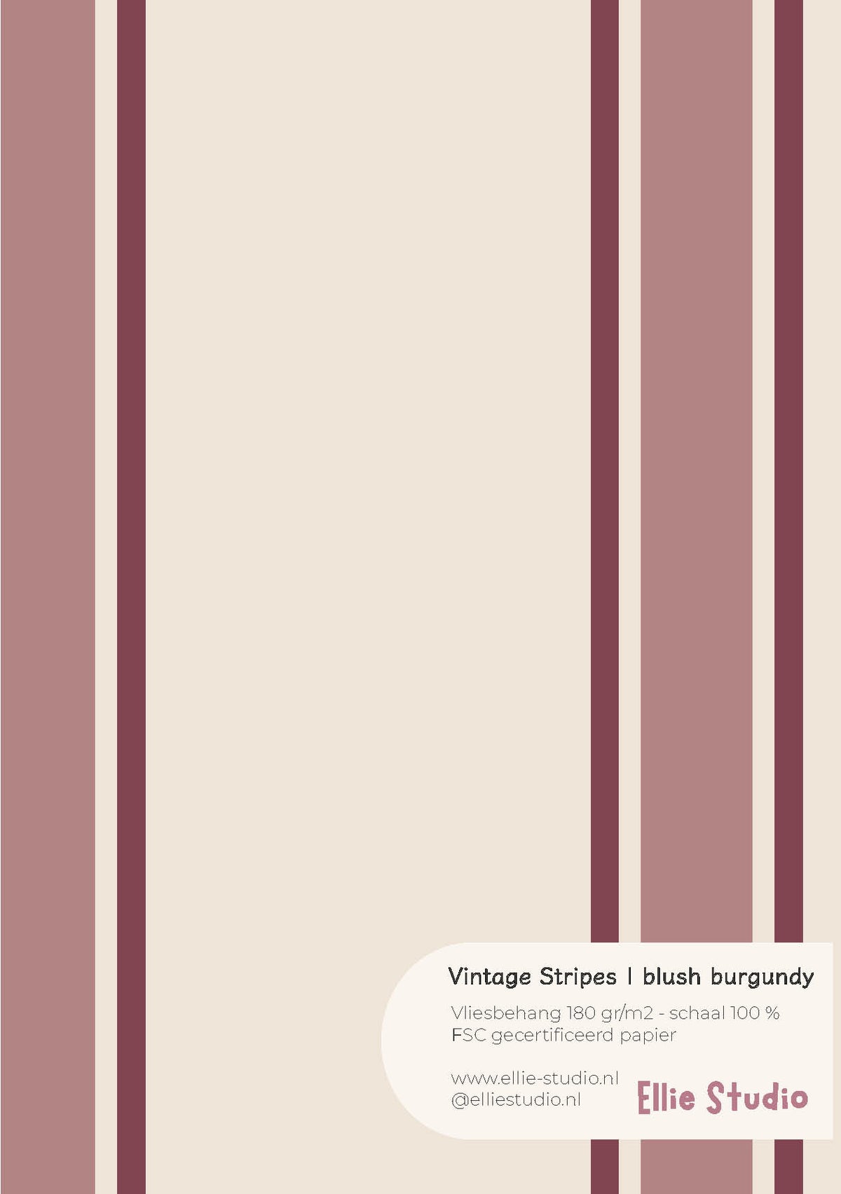 A4 behangstaal Vintage Stripes - blush burgundy van ELLIE Studio: licht beige met strepen in blushroze en bordeauxrood