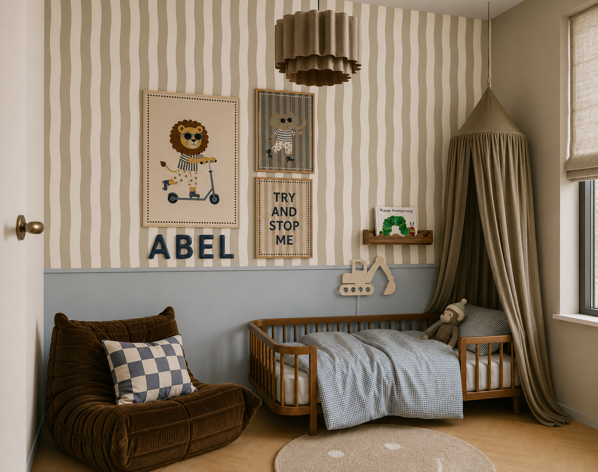 Jongenskamer inspiratie | Olijf groene kinderkamer met Wavy Stripes behang en stoere posters - sfeerbeeld