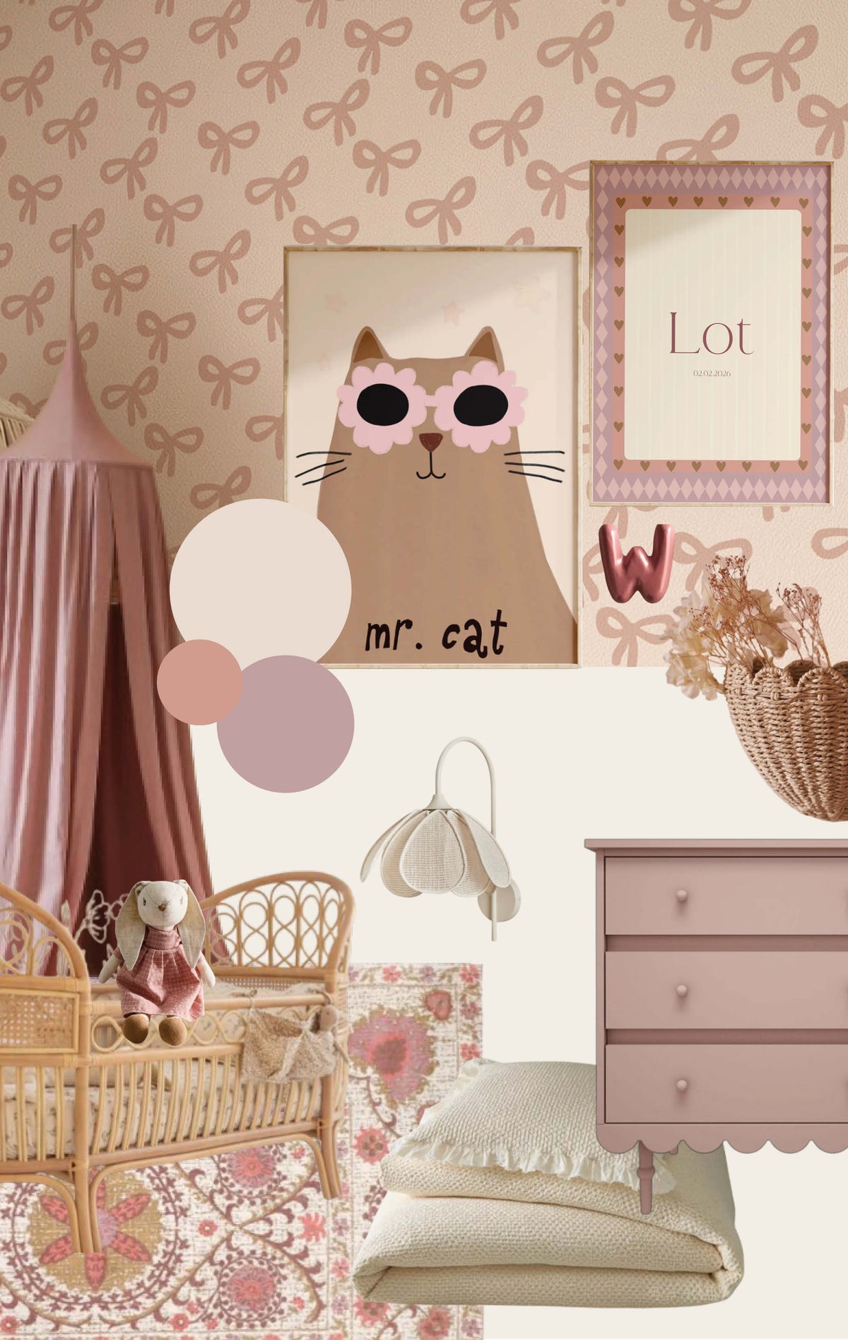 Kinderkamerinspiratie: Strikjesbehang met beige kattenposter en naamposter - sfeerbeeld