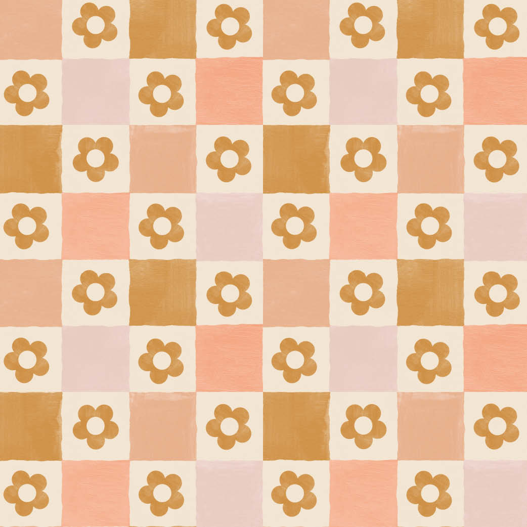 Behang Ruitje Ruitje - lila met bloemen (aanbieding)