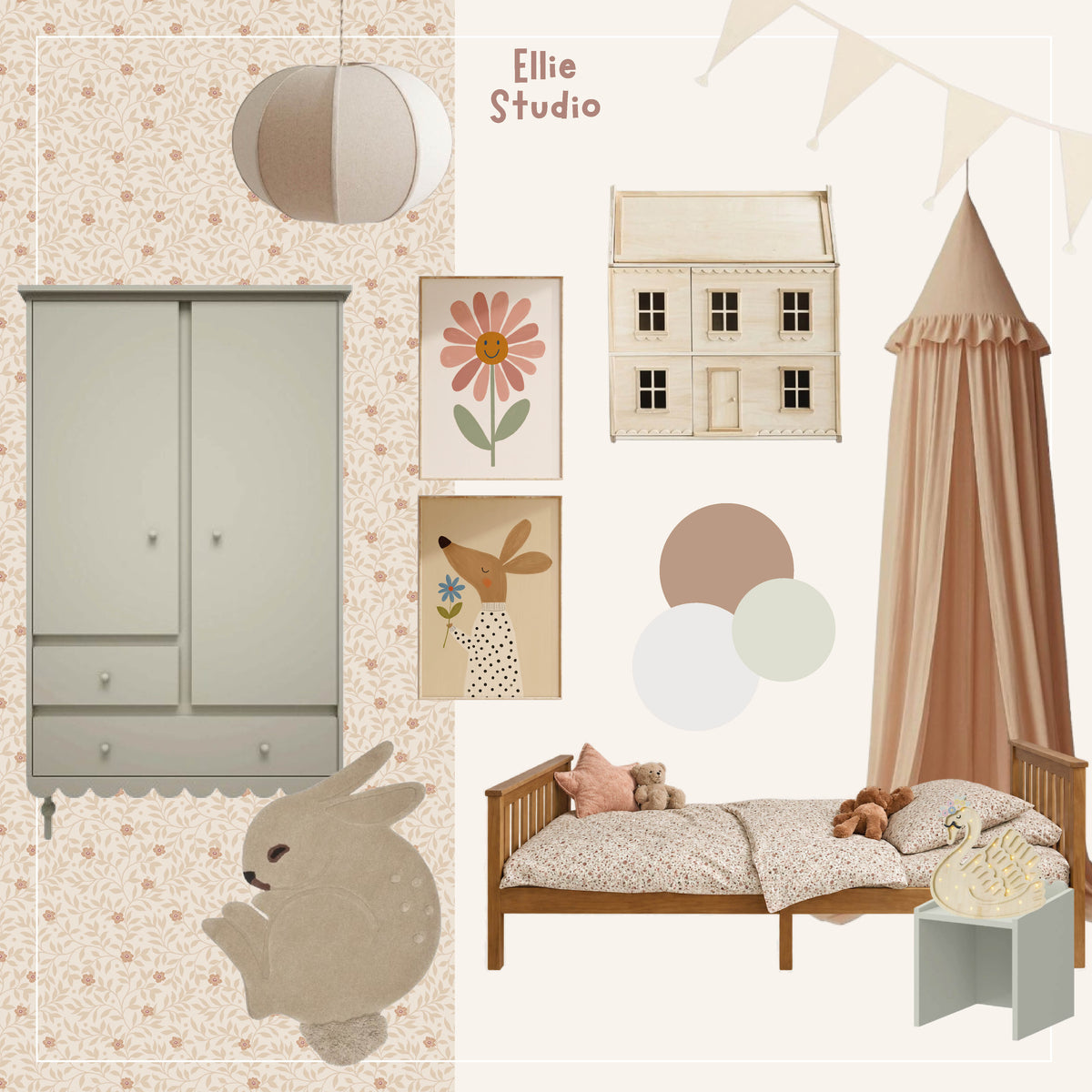 Moodboard meisjeskamer met Petite Blossom abricot, Vrolijke bloem en Hert met bloem