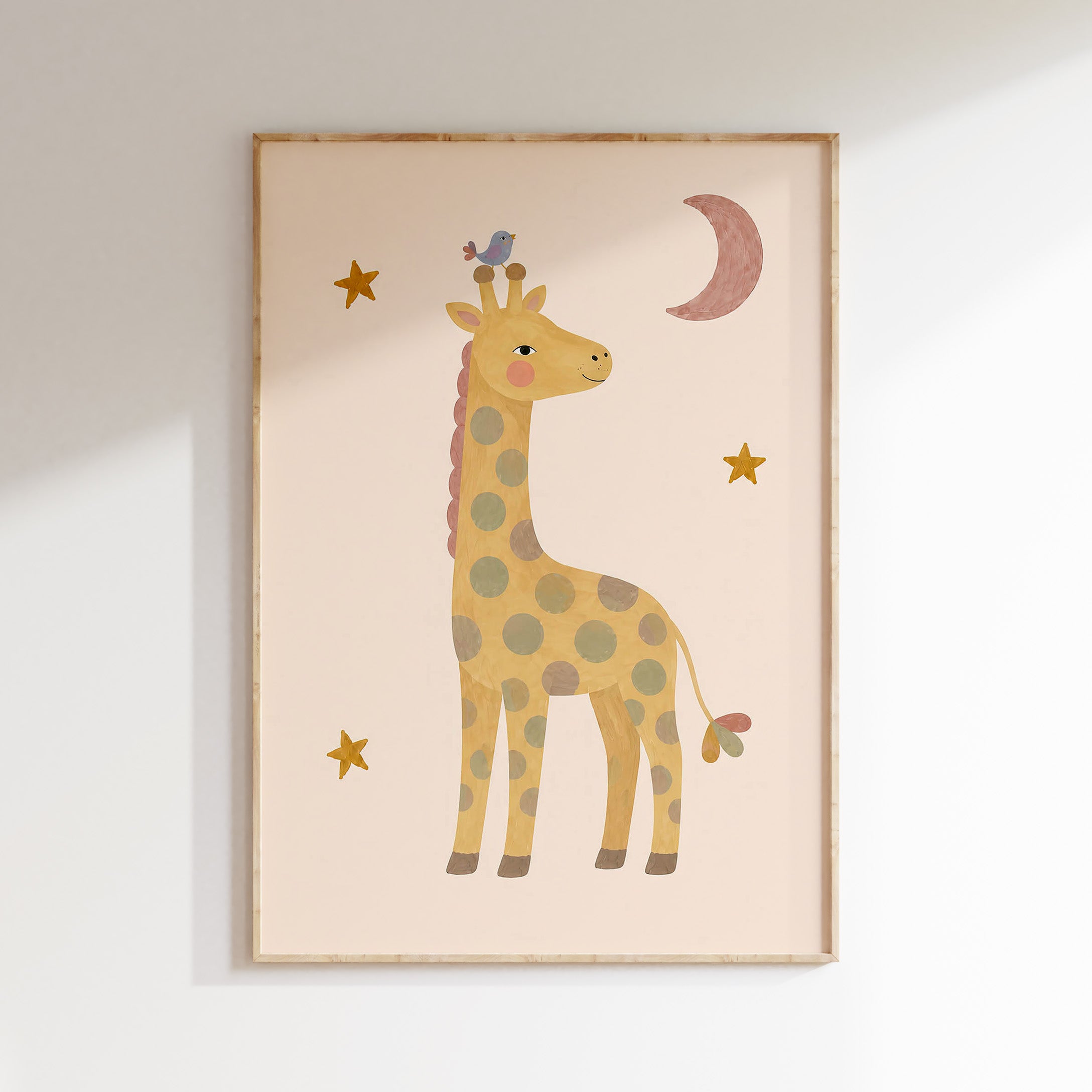 Giraf poster met vogeltje, maan en sterren voor de kinderkamer
