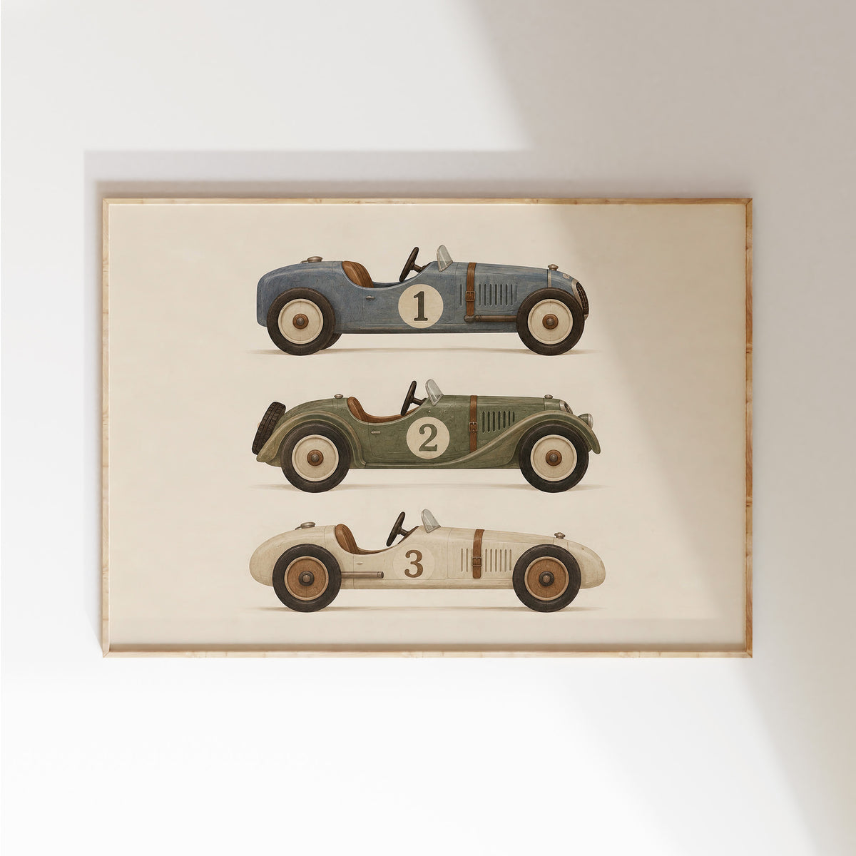 Liggende kinderkamerposter met drie klassieke raceauto's