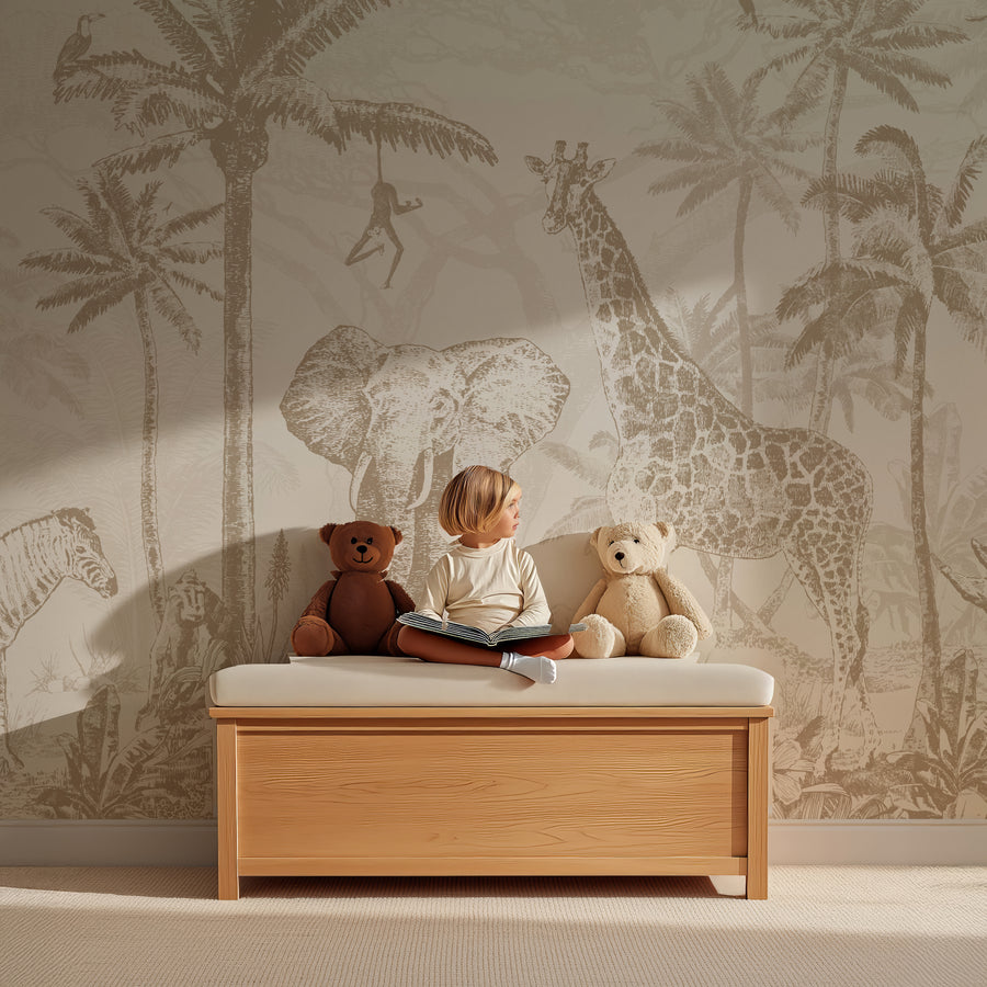Kinderkamer met Collage behang Jungle - bruin op de wand