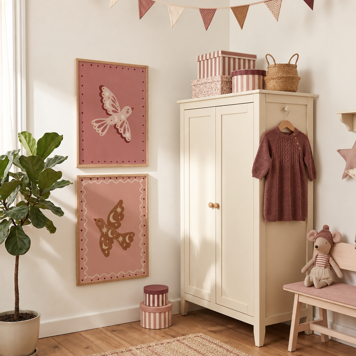 Moonlight Bird en Starlight Bird posters samen in een roze kinderkamer