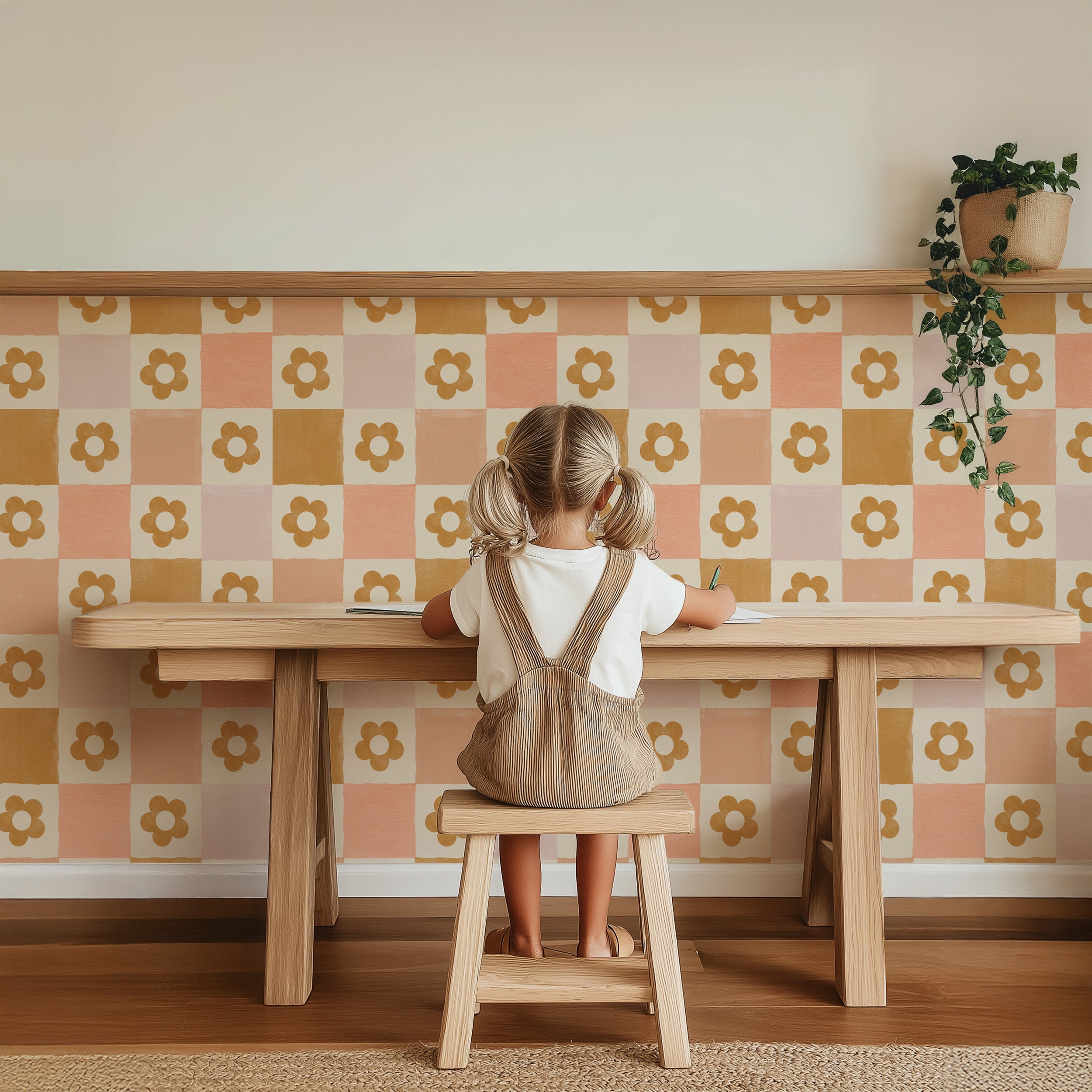 Wallpaper Checkered Checkered - lilac with flowers