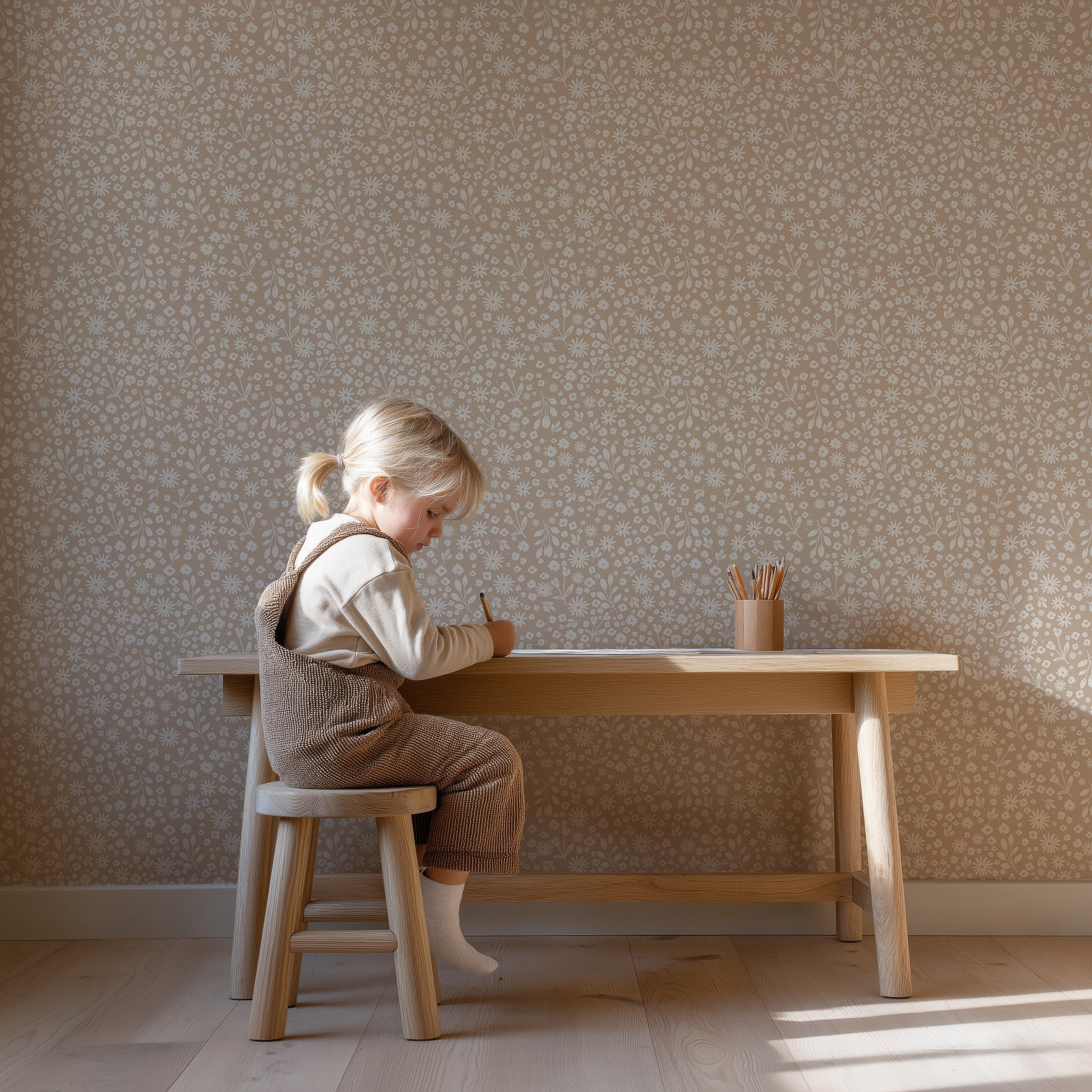 Behang Bloemenveld - beige