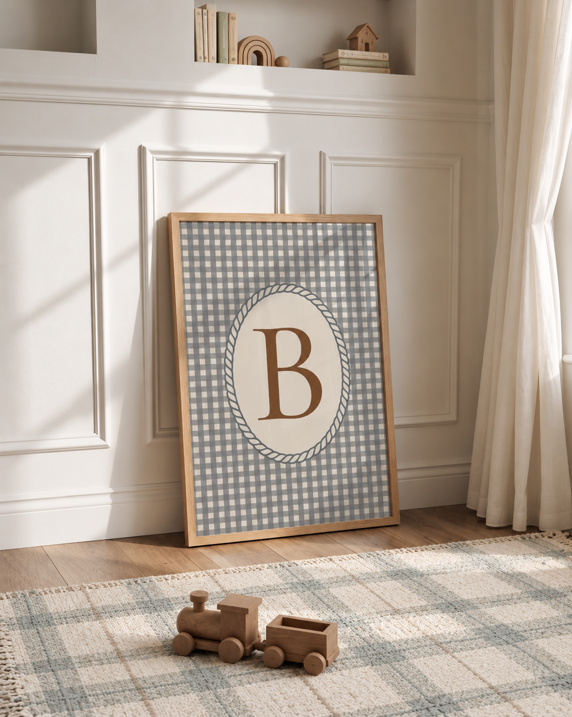 Vintage Check letterposter gestyled in een klassieke jongenskamer