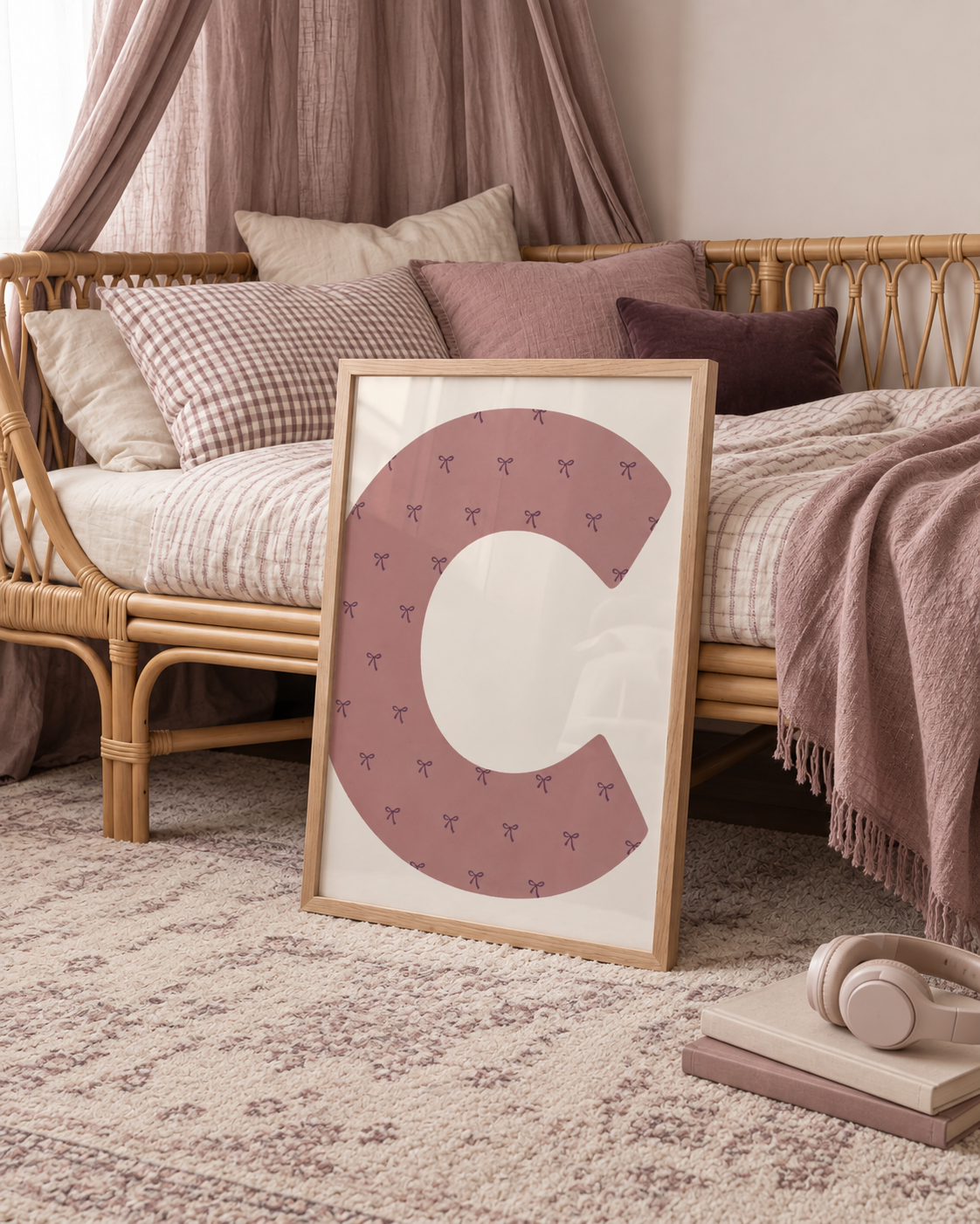 Mauvekleurige letterposter met kleine roze strikjes in een warme kinderkamer