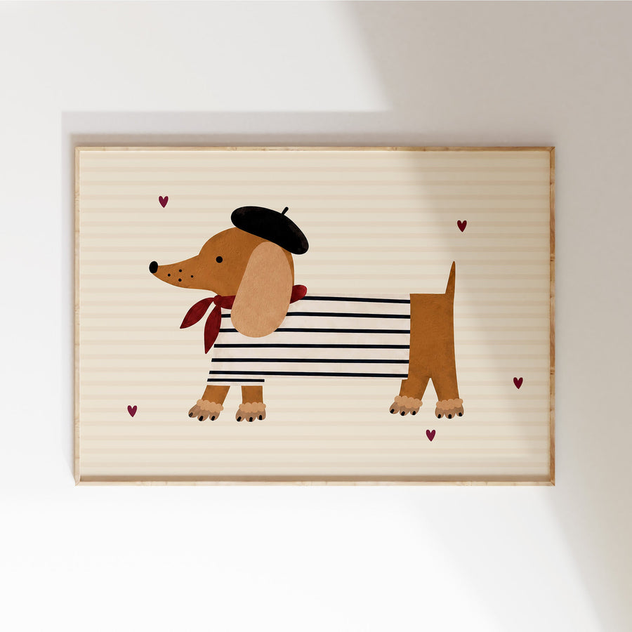 Hartjes teckel poster in een houten lijst voor de baby- of kinderkamer