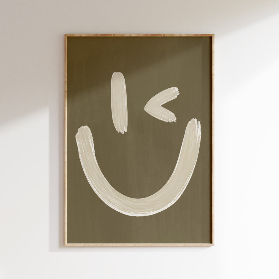 Knipoog Smiley olive poster in een houten lijst voor de baby- of kinderkamer