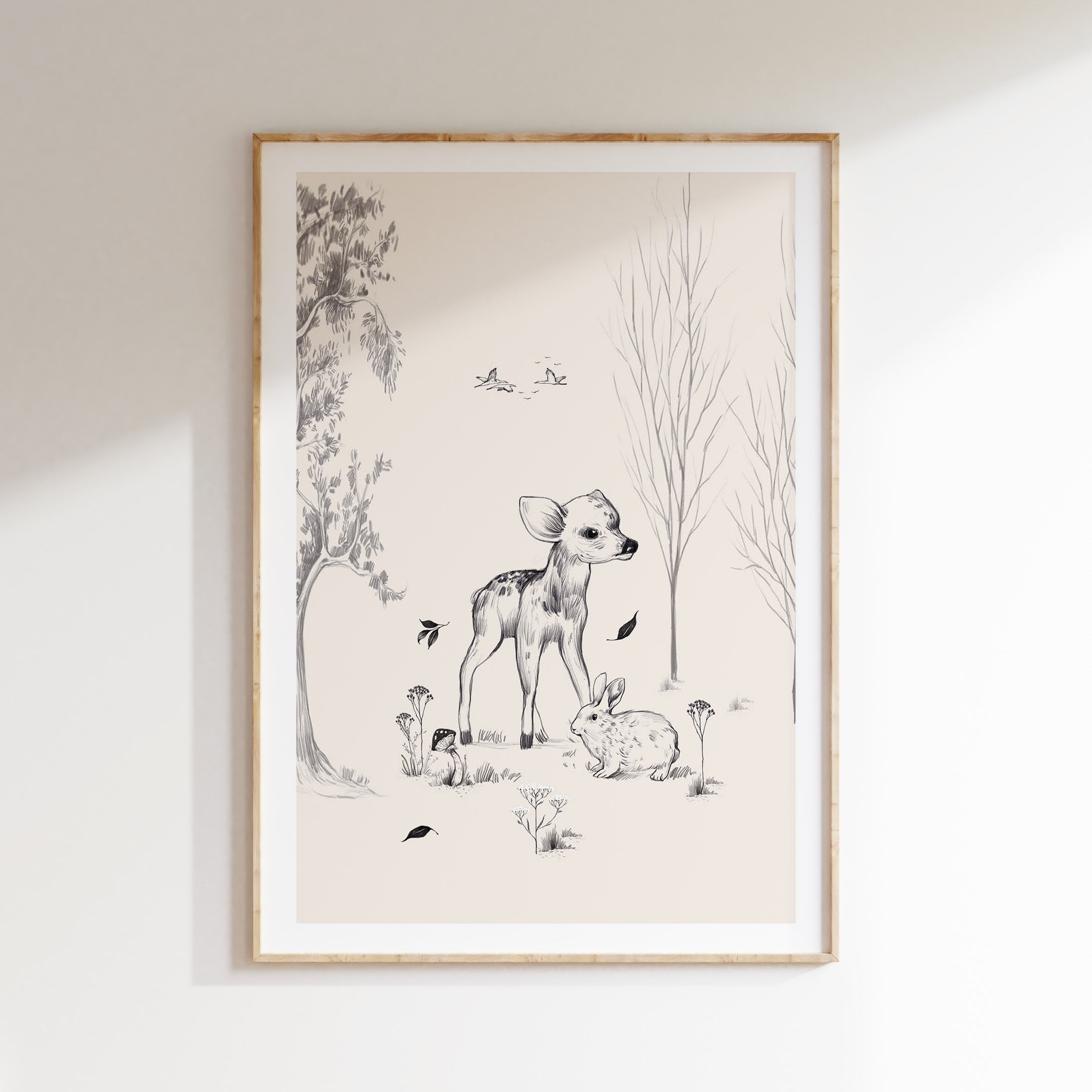 Kinderkamer poster - Hertje en konijn in het bos | Into the forest