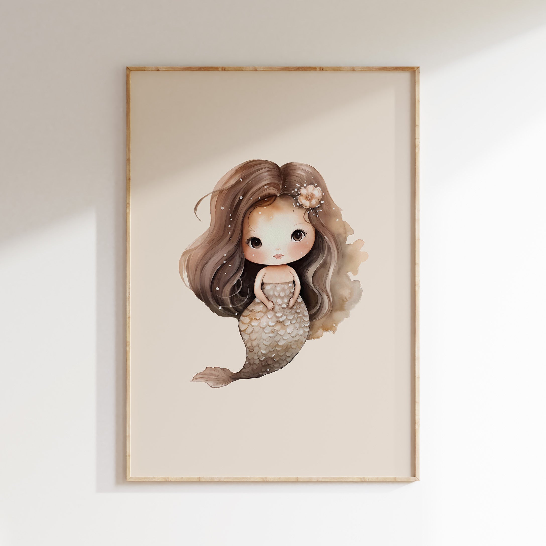 Kinderkamer poster - Zeemeermin beige met bloem | Mermaids