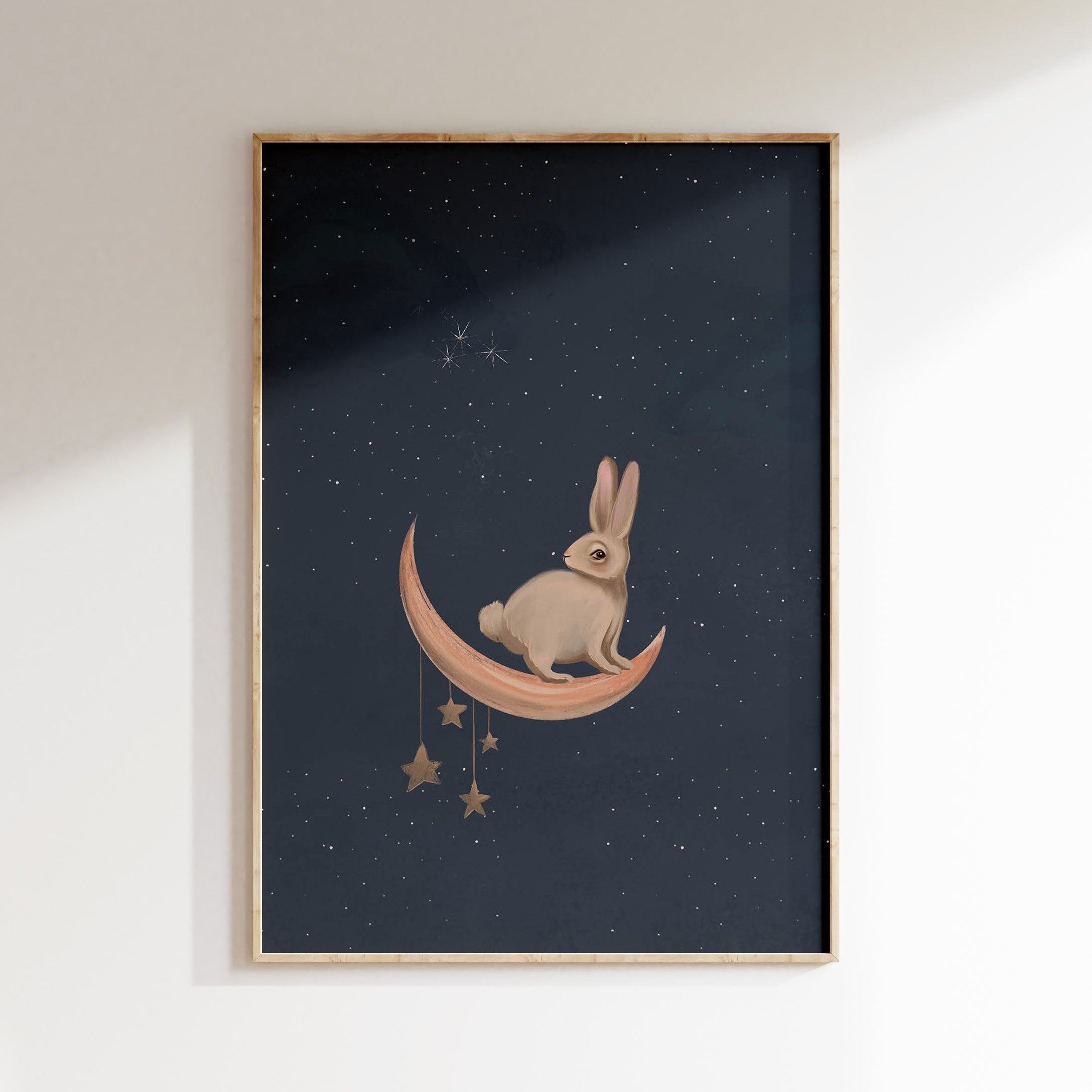 Kinderkamer poster - Konijntje op de maan donkerblauw | Enchanted Forest