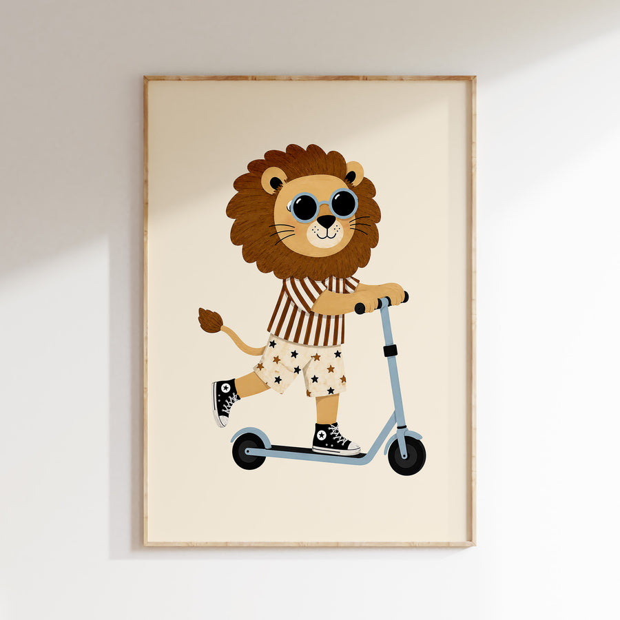 Children's room print - Cool lion on scooter