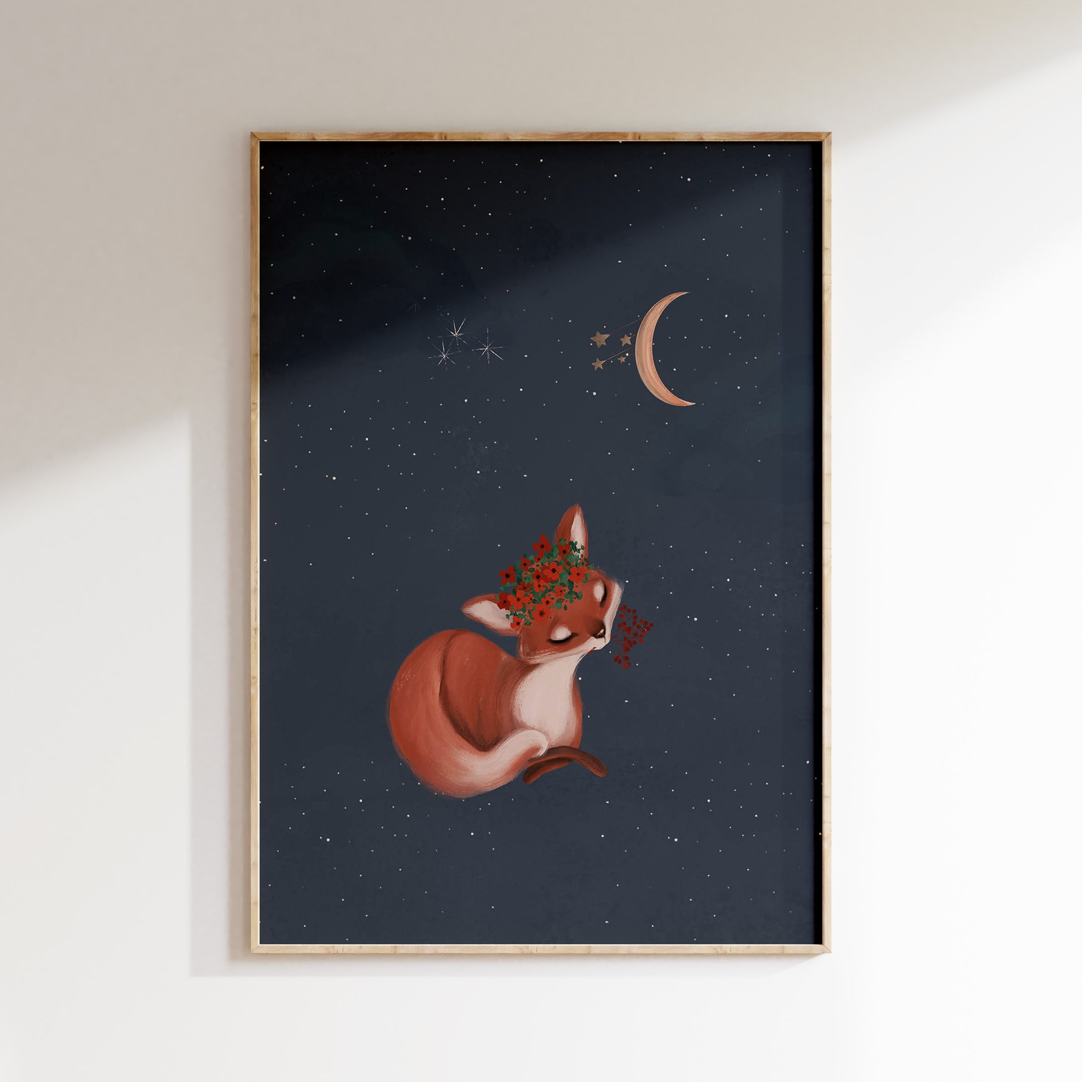 Kinderkamer poster - Lief vosje onder de maan donkerblauw | Enchanted Forest