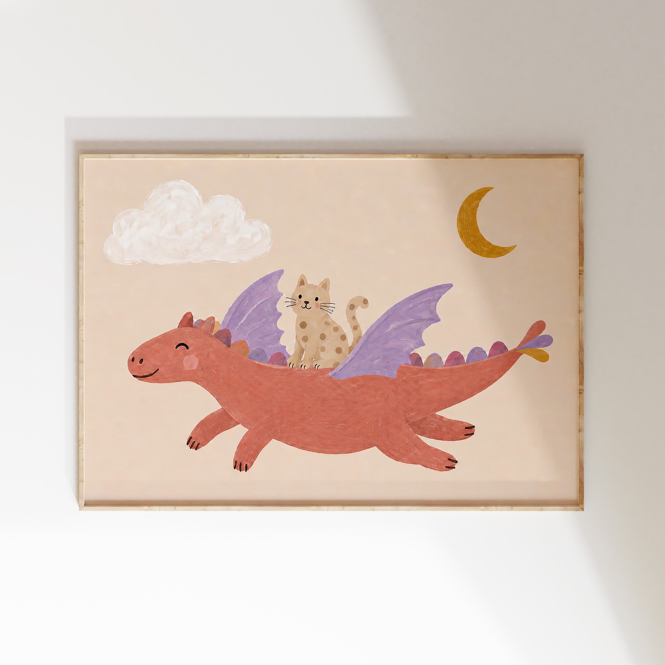 Kinderkamer print - Vliegende draak met poes