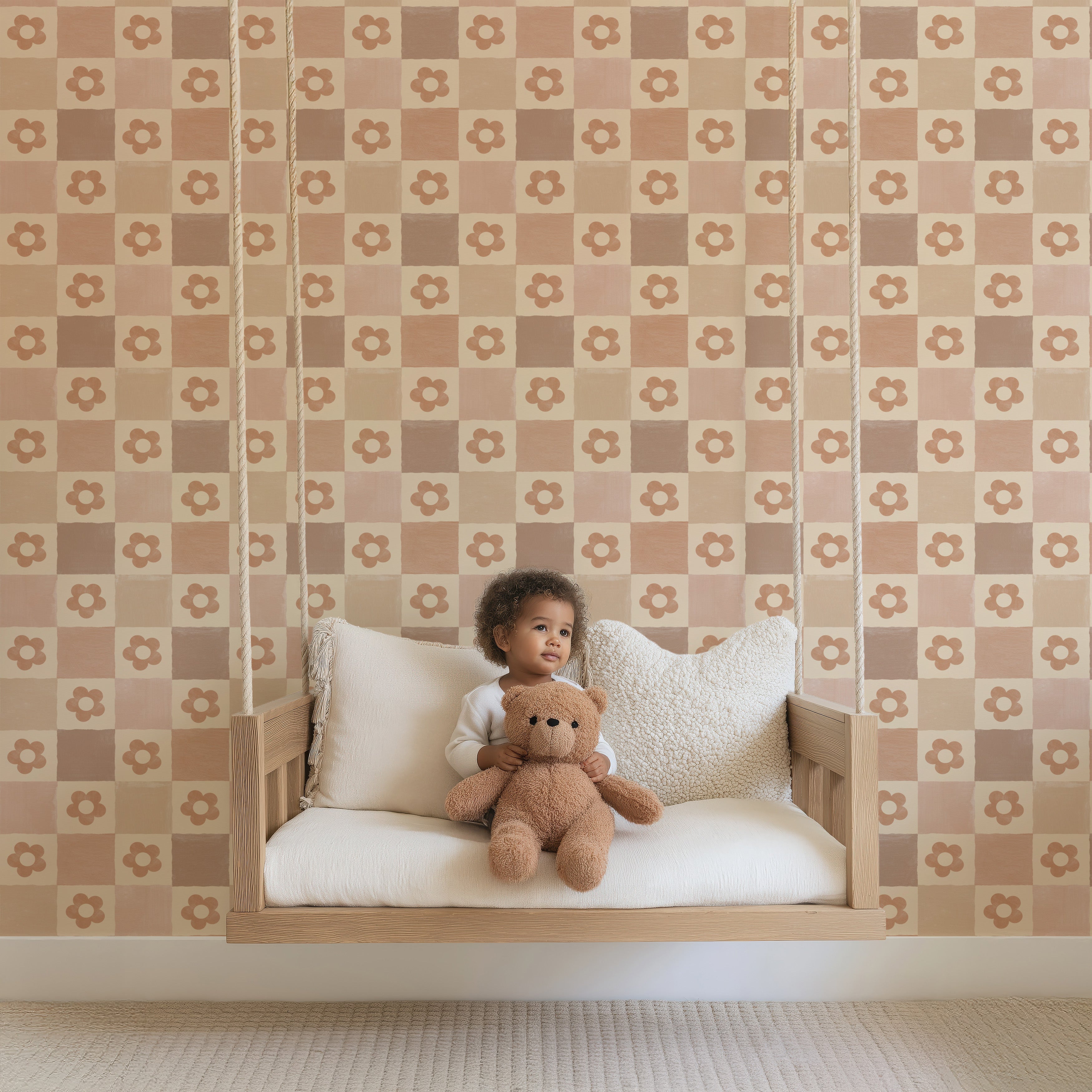 Wallpaper Checkered Checkered - nude with flowers