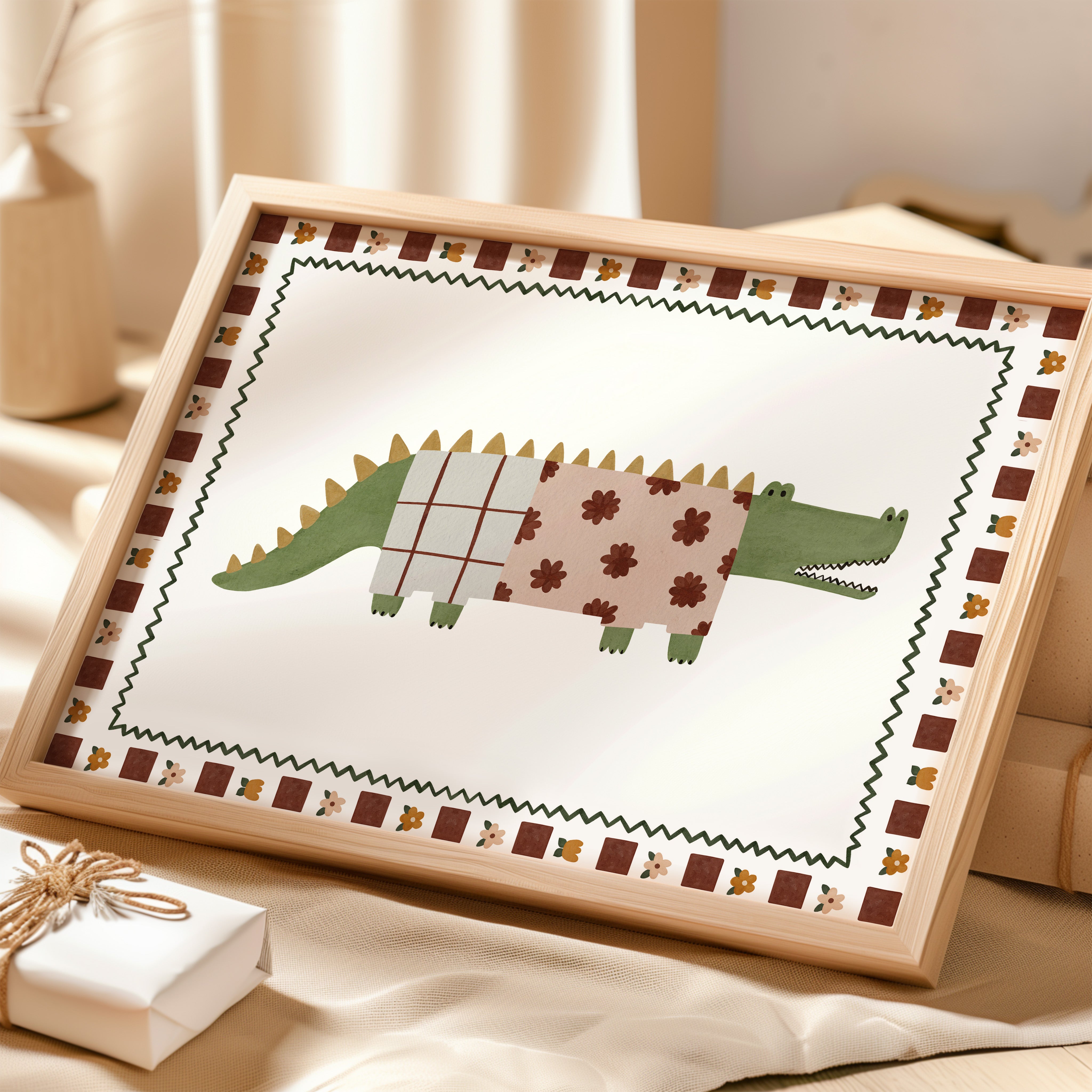 Retro children's room poster - Crocodile with flowers and diamond pattern