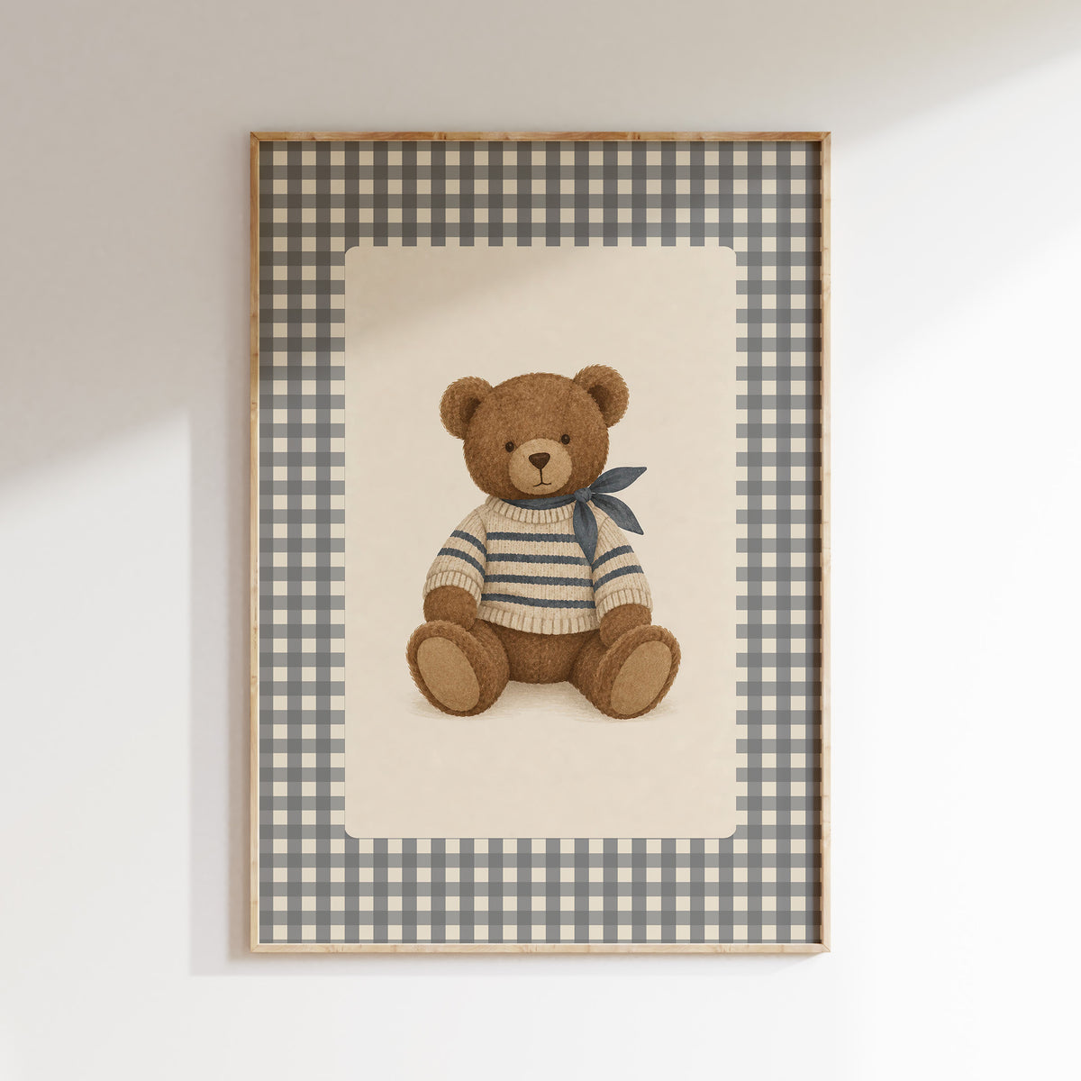 Vintage Teddy Little Sailor poster met blauwe ruitjes