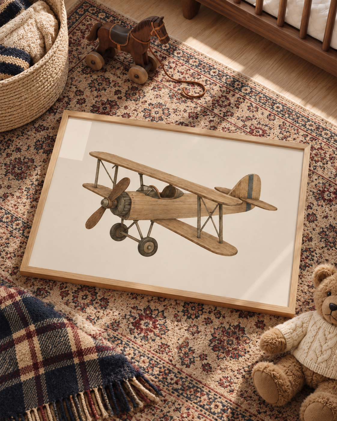 Vintage airplane poster liggend op een klassiek vloerkleed in de kinderkamer