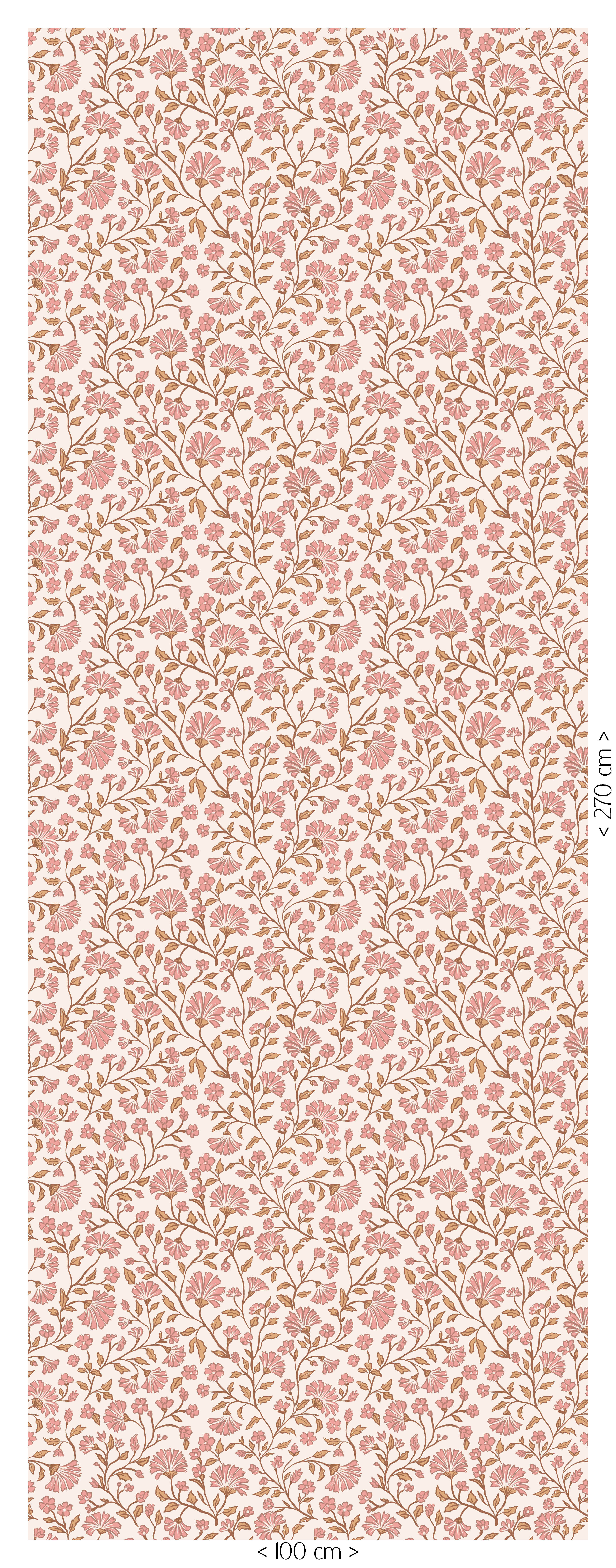 Peach Bloom blush ivory bloemenbehang van 100 bij 270 cm met roze bloemen en camelbruine bladeren