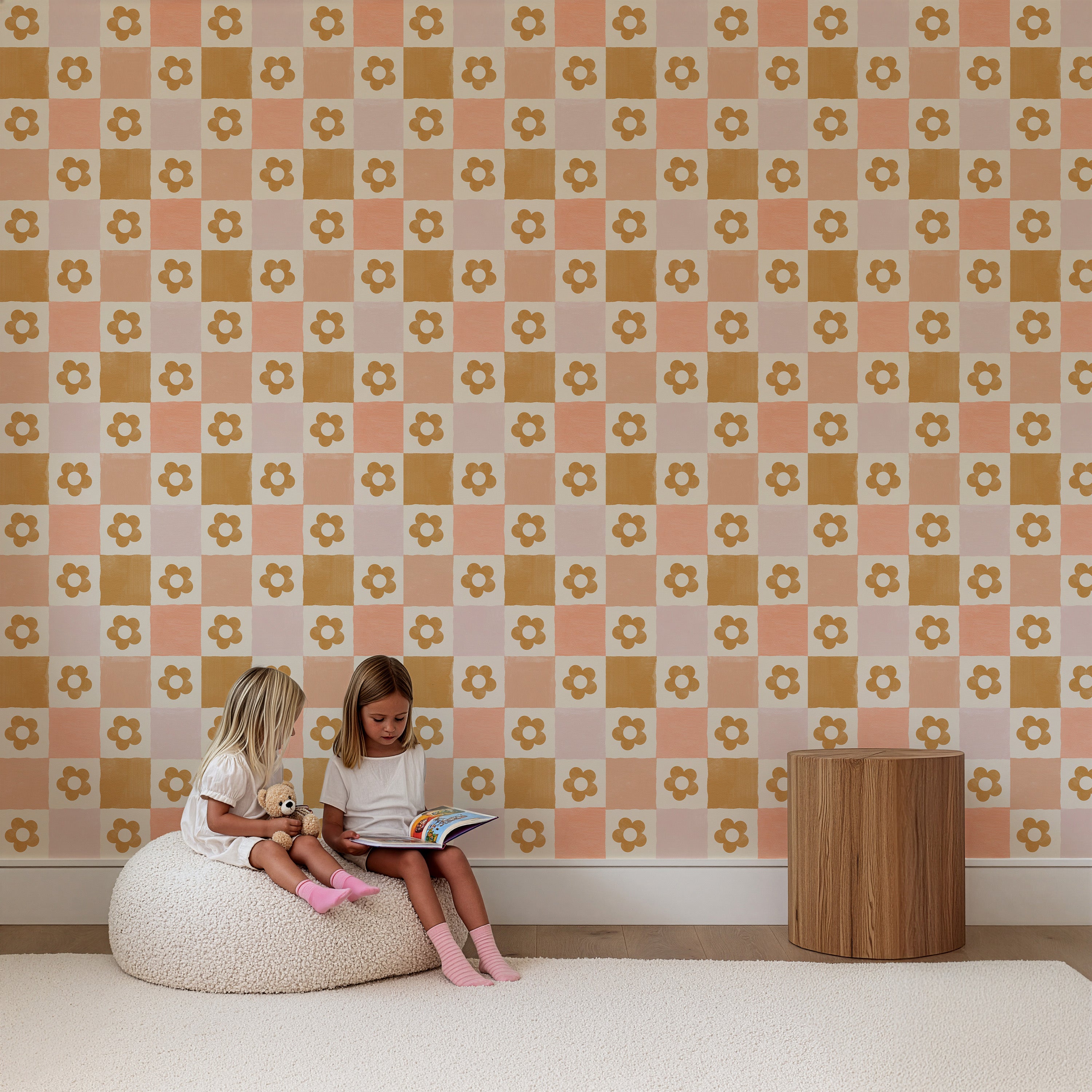 Behang Ruitje Ruitje - lila met bloemen (aanbieding)